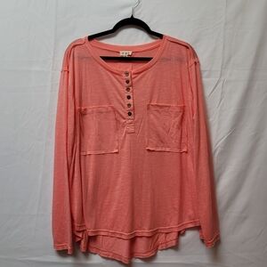 POL Coral Long-Sleeve Henley Top with Patch Pockets